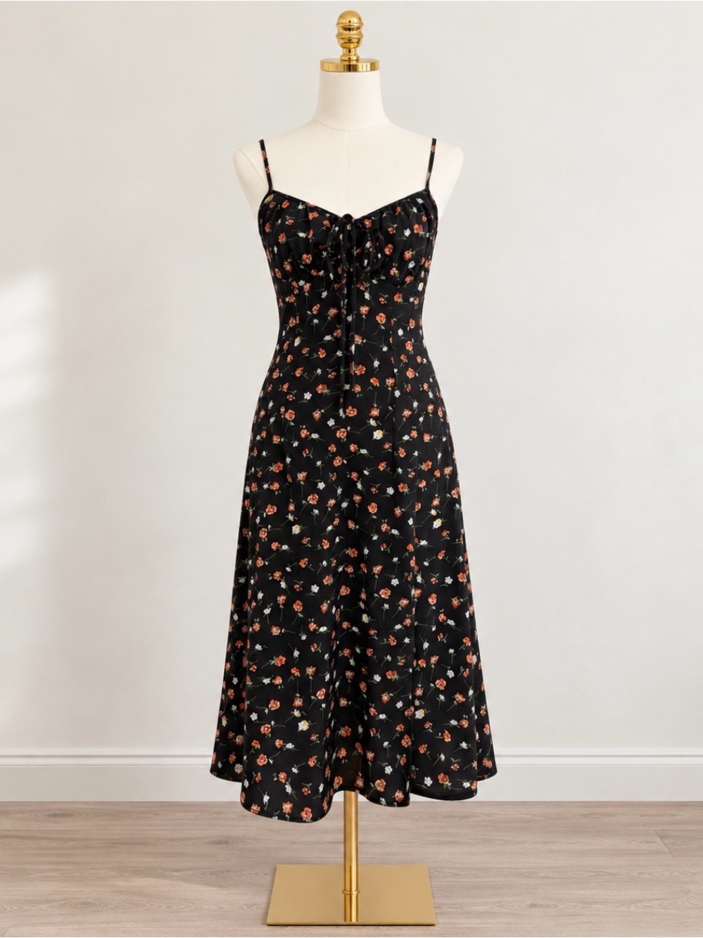 Black Floral Tie-Front Midi Dress